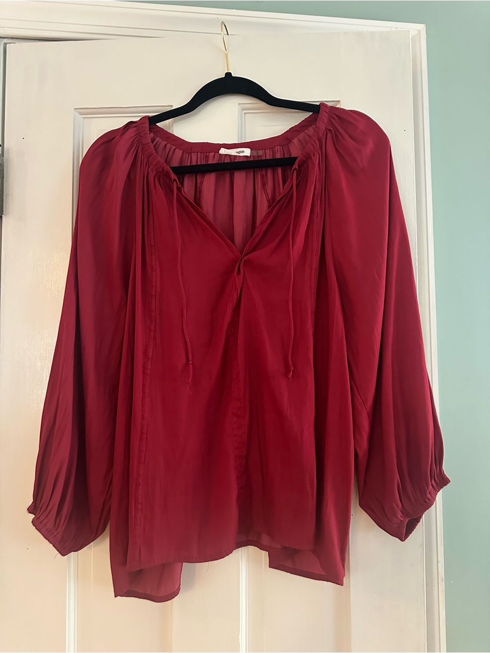 Woven Red Peasant Tunic with Tie Neck